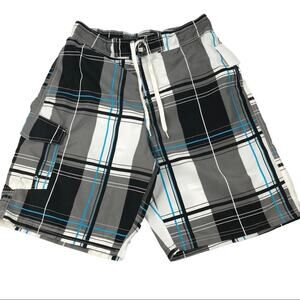 Showboat Swim Trunks Black Gray Blue Mens Plaid Size M NWT